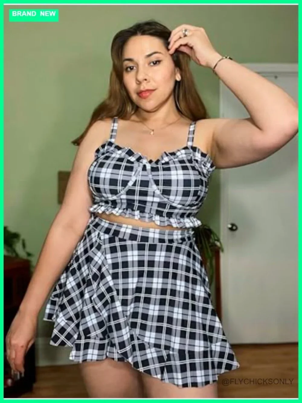 Plus Size Ruffles Flounce Padded Plaid Tankini Swimsuit Set